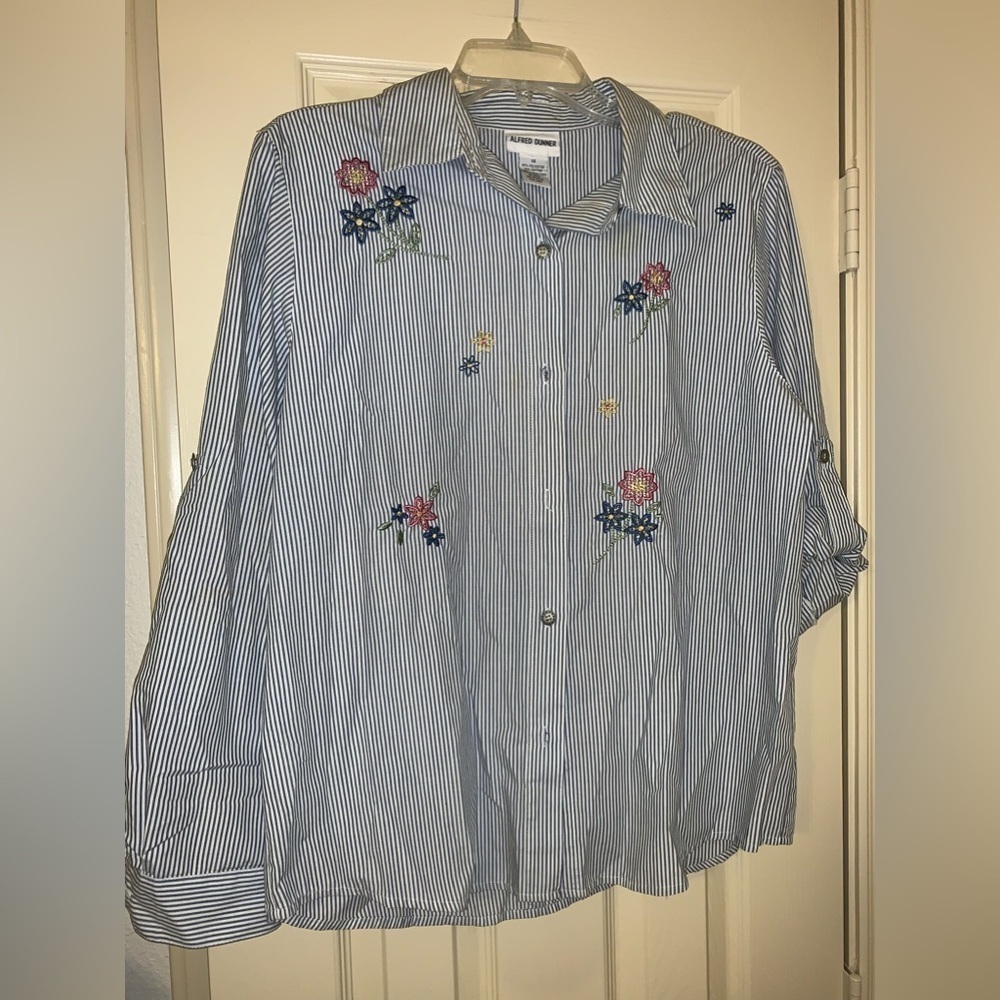 VINTAGE WOMENS ALFRED DUNNER SHIRT MOM GRANNY STITCHED FLOWERS GARDEN CORE SZ 14